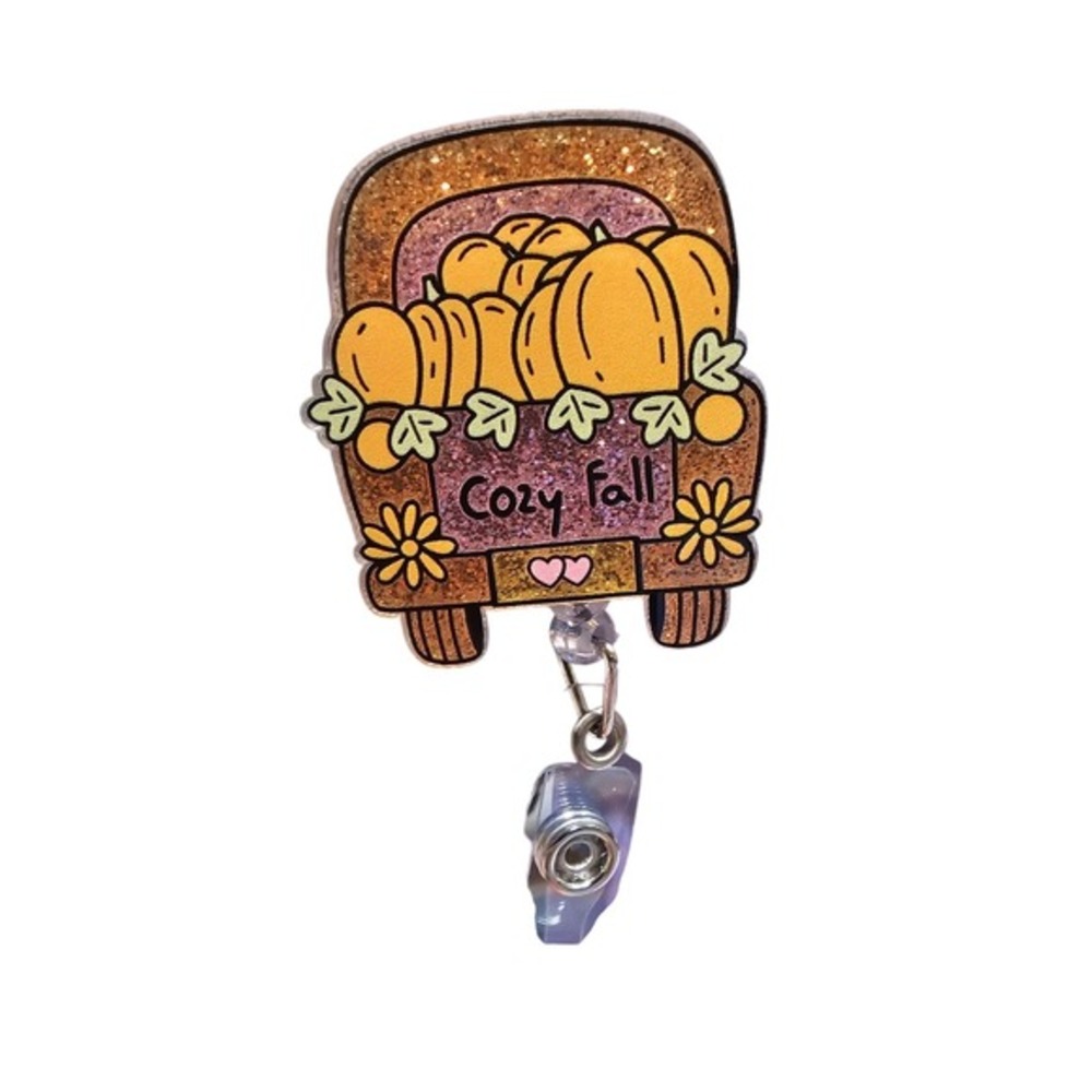 Cozy Fall Pumpkin Truck Badge Reel ID Holder Nurse Teacher Retractable Clip‎